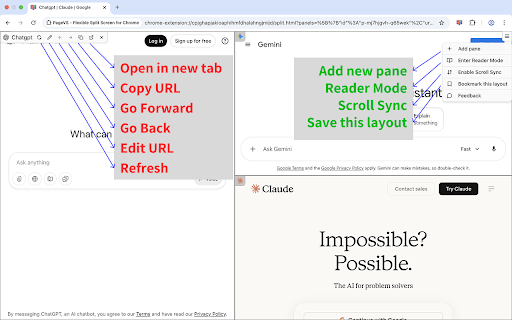 Pane context menu: add a pane, reader mode, scroll sync, save layout