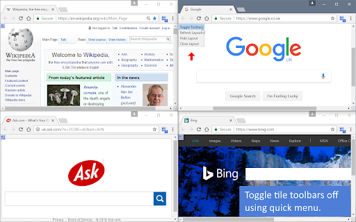 Four-tile view of Wikipedia, Google, Ask, and Bing, with a note about toggling toolbars