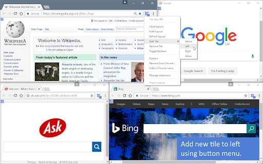 Context menu for adding a tile, refreshing the layout, or toggling the toolbar