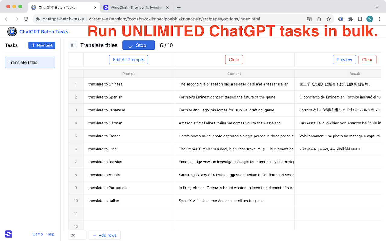 ChatGPT Batch Tasks running a translate-titles task in bulk, showing prompt, content, and result columns for ten rows with progress at 6 of 10 complete