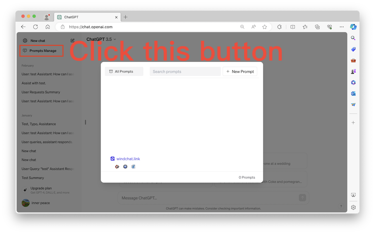 ChatGPT Prompts Manager sidebar folder open inside ChatGPT with All Prompts, Search prompts, and New Prompt controls