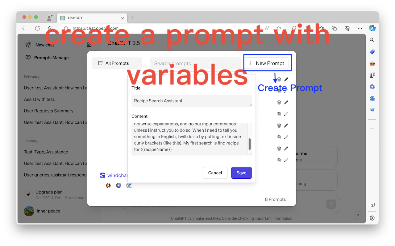 Creating a ChatGPT prompt template with a title, content field, and a recipeName variable placeholder in curly brackets