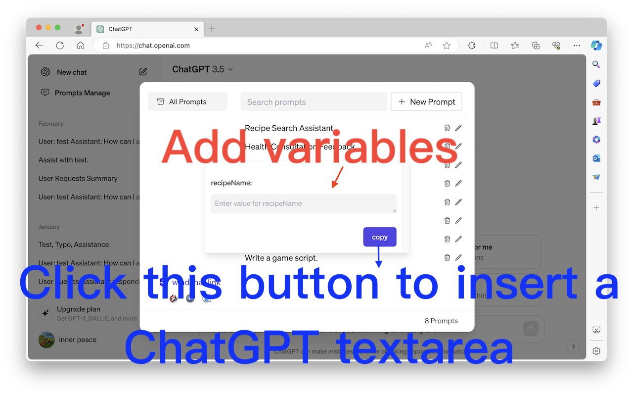 Filling in a prompt variable value and inserting the finished prompt directly into the ChatGPT message box