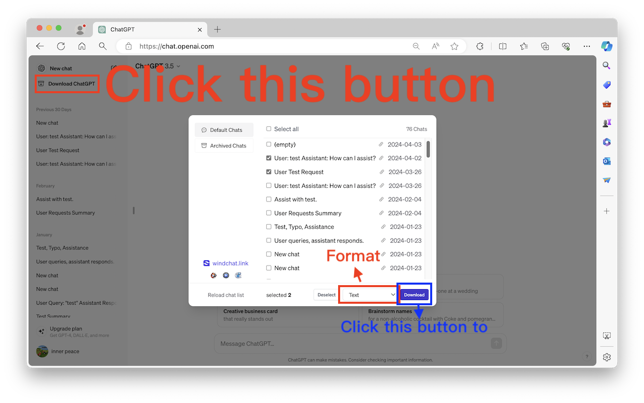 Download ChatGPT extension dialog injected into the ChatGPT sidebar, showing Default Chats and Archived Chats tabs, a select-all checkbox, a chat list with dates, a format dropdown, and a Download button