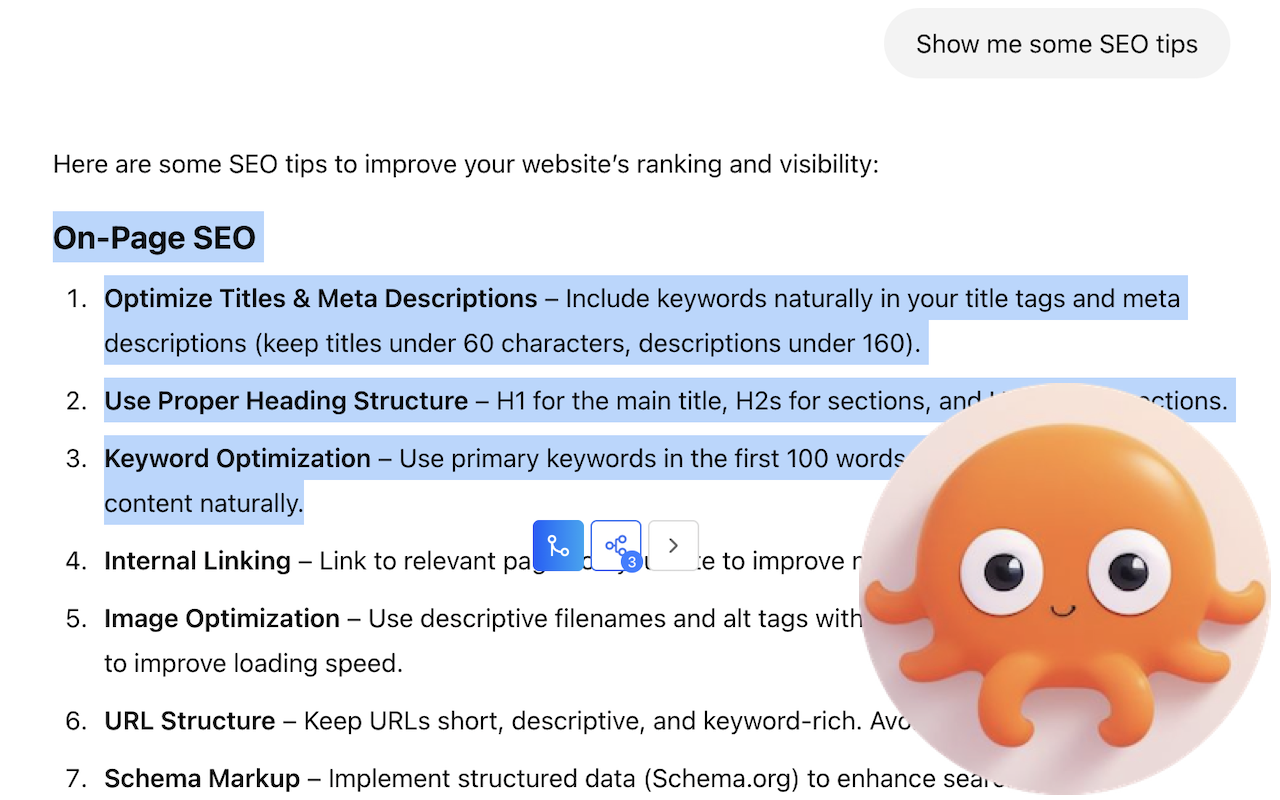 AI assistant response overlay on a webpage showing a bulleted list of SEO tips generated in response to a user question