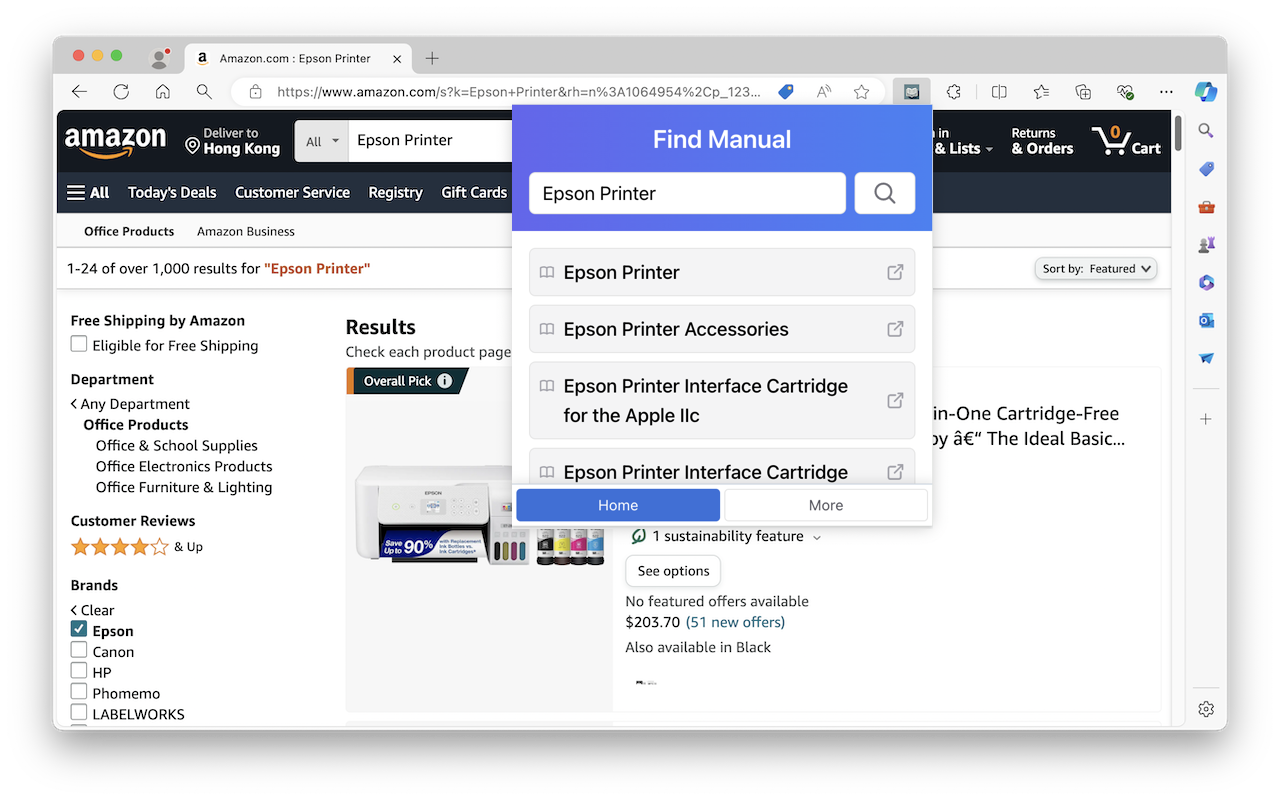 Find Manual extension popup with a pre-filled search for 'Epson Printer' showing a results list of manual links, opened directly on an Amazon product search page