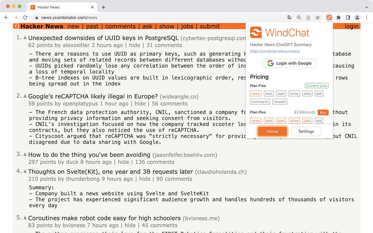 Hacker News front page with AI-generated bullet-point summaries shown inline under each headline, plus a WindChat login and pricing panel