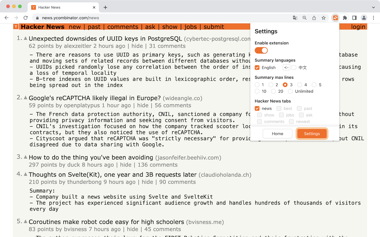 Hacker News AI Summary settings panel showing summary language options, summary max lines from 1 to unlimited, and coverage across Hacker News tabs including news, best, past, show, jobs, and ask