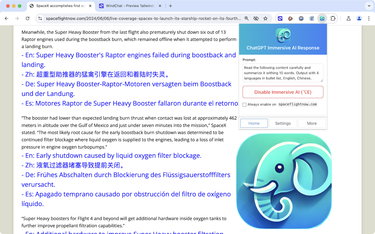 Immersive AI response panel overlaid on a news article, showing a multi-language bullet summary in English, Chinese, German and Spanish generated from a custom prompt