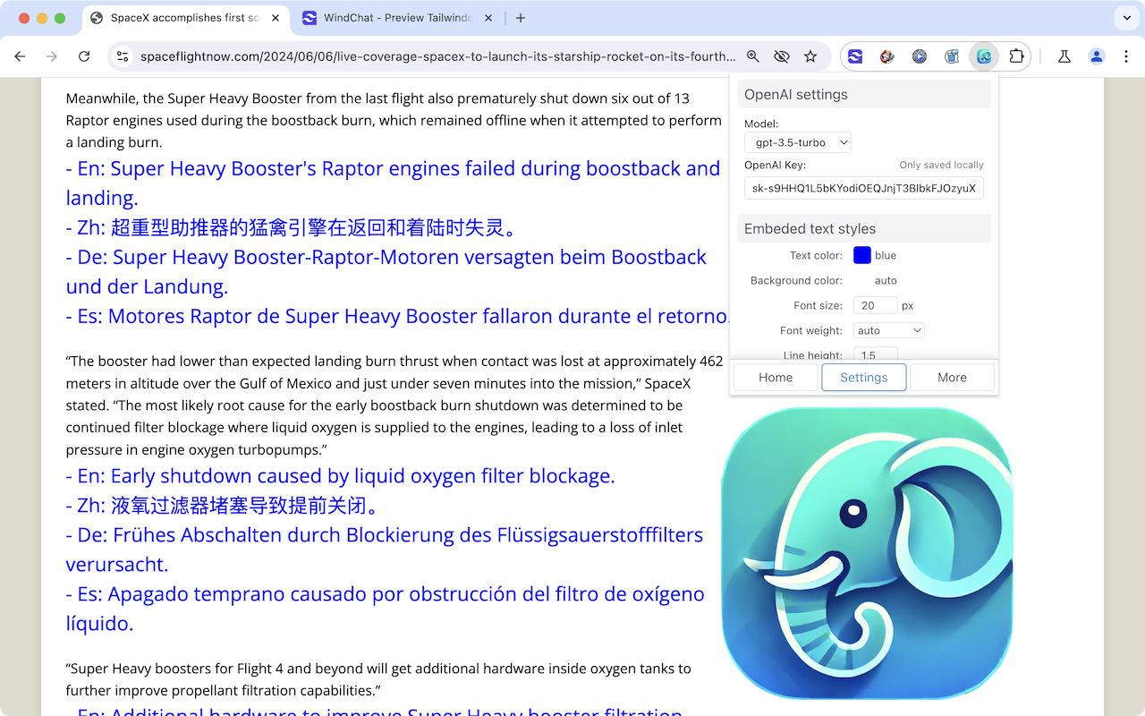 Immersive AI settings panel showing an OpenAI API key field saved locally, model selector, and customizable output text color, font size and line height
