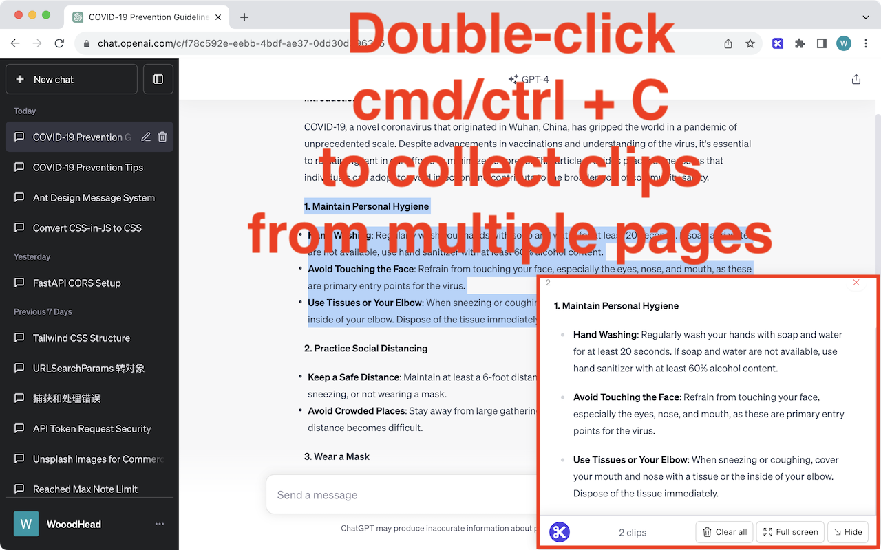 Markdown Web Clipper collecting text and image clips from multiple browser tabs using a double-click keyboard shortcut before combining them into one document