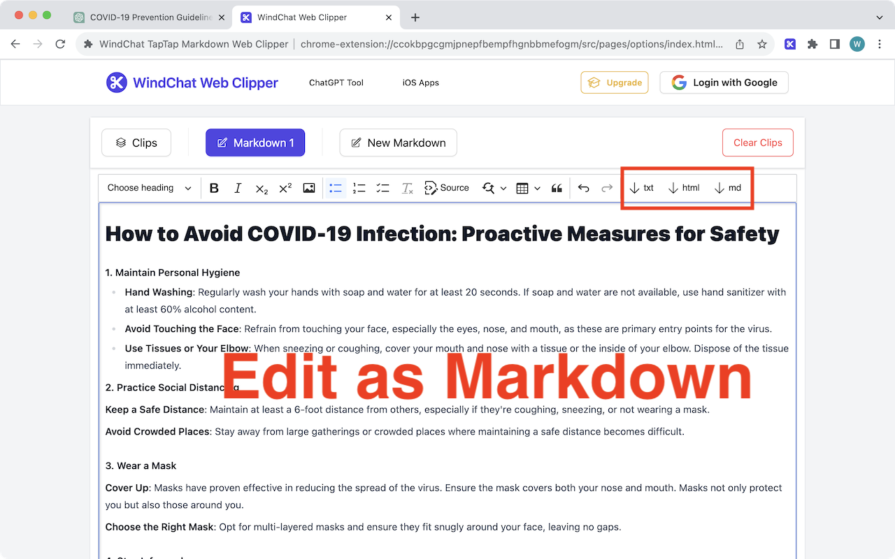 Markdown Web Clipper editor with formatting toolbar and export buttons for downloading as plain text, HTML, or Markdown