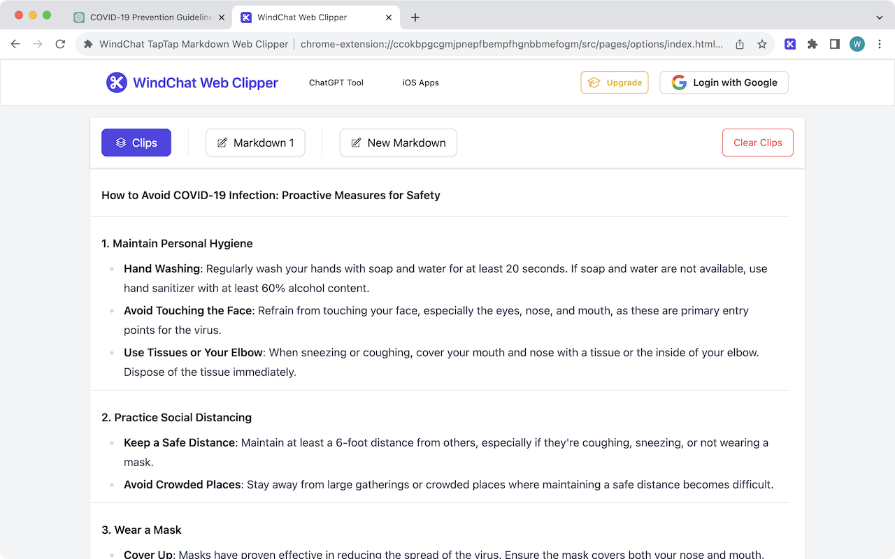 Markdown Web Clipper clips list showing multiple saved snippets ready to combine into a single exported document