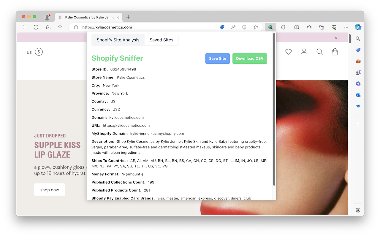 Shopify Store Inspector panel showing verified store data for a live Shopify store, including store name, domain, currency, published collections and products count