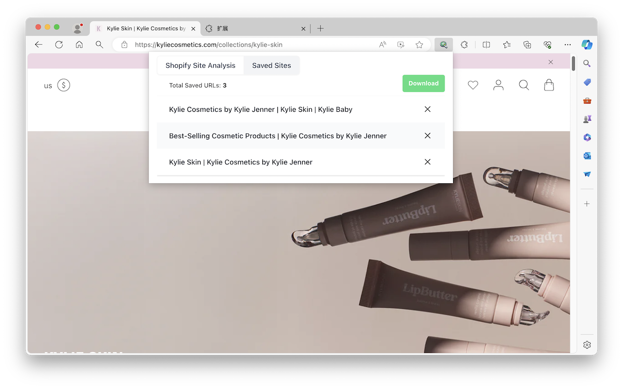 Shopify Store Inspector saved sites list showing multiple researched Shopify stores with a CSV download option