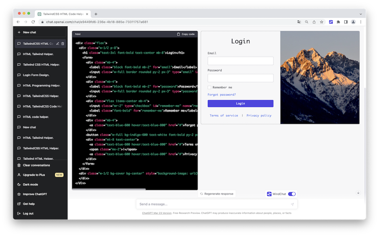 ChatGPT Tailwind CSS code for a login form previewed live next to the conversation, showing the rendered form with a mountain background image