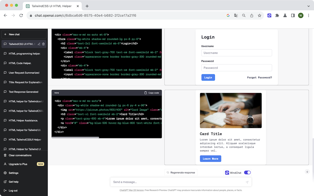 Side-by-side preview of a rendered login form and a product card component generated from Tailwind CSS code