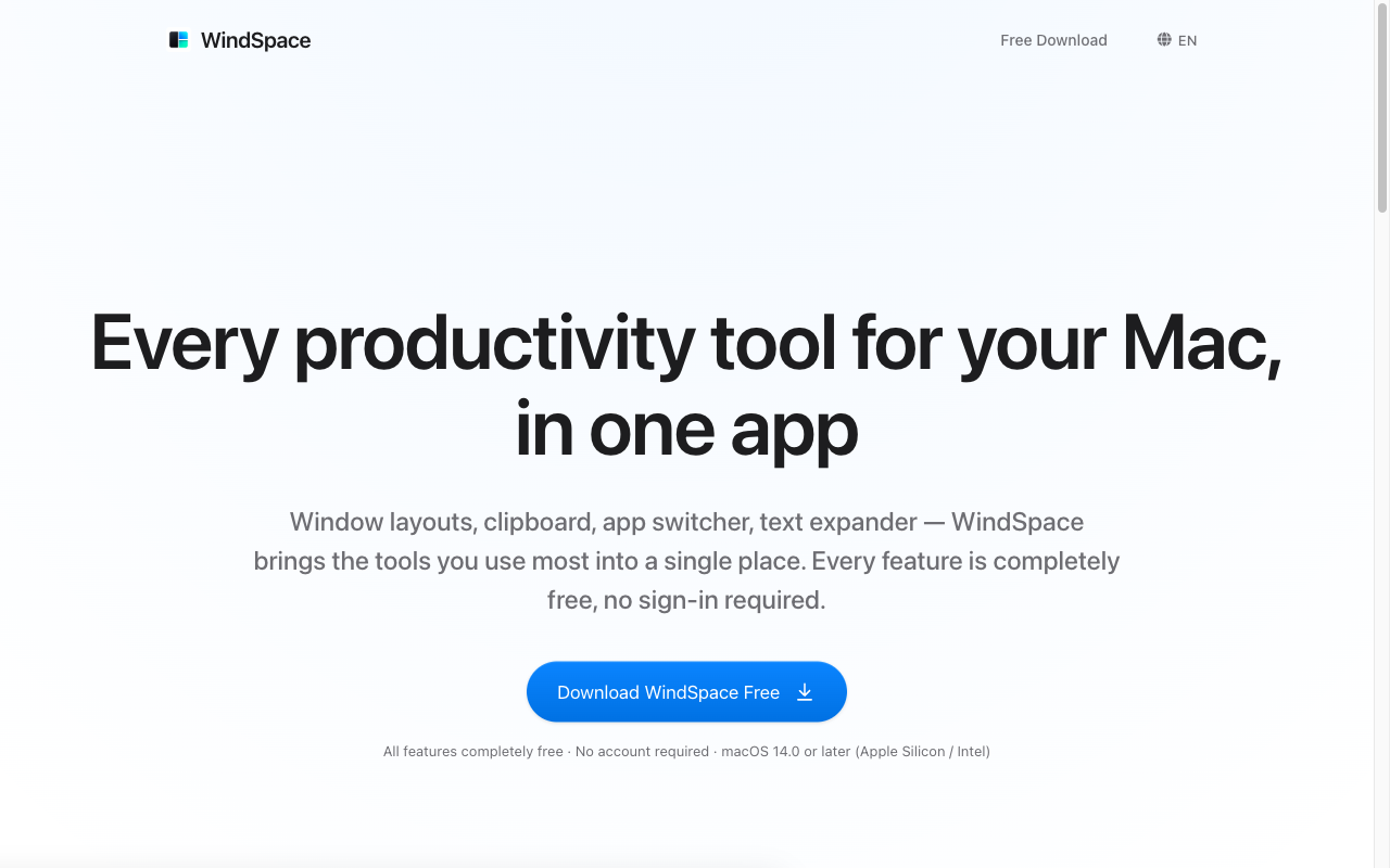 WindSpace landing page hero showing the tagline 'Every productivity tool for your Mac, in one app' with a free download button